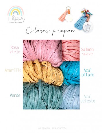Colores disponibles para el pompón de cinta tejida de llaveros y colgadores mochila- Happy