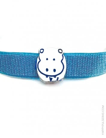 Pulsera elástica azul con hipopótamo en acero- Happypulseras