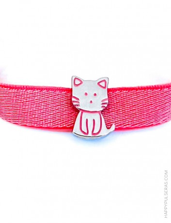 Pulsera elástico plano rosa con gatito en acero- Pulsera ajustable a tu medida