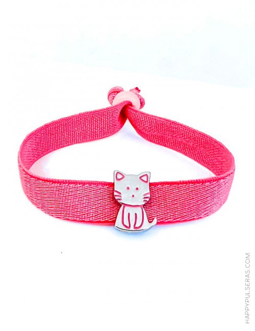 Pulsera para niñas o mayores con gatito en acero y cordón elástico en rosa - Happypulseras