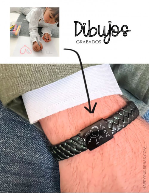 Pulsera supertrenzada con hilo metálico plateado y medalla de titanio grabada con dibujo - Happypulseras