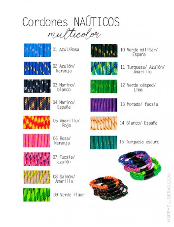 Carta de color de los cordones nauticos bicolor para elegir tu pulsera Ibiza de Happypulseras