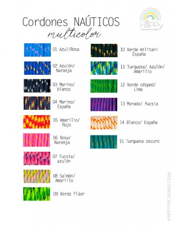 Carta de color de los cordones nauticos bicolor para elegir tu pulsera Ibiza de Happypulseras