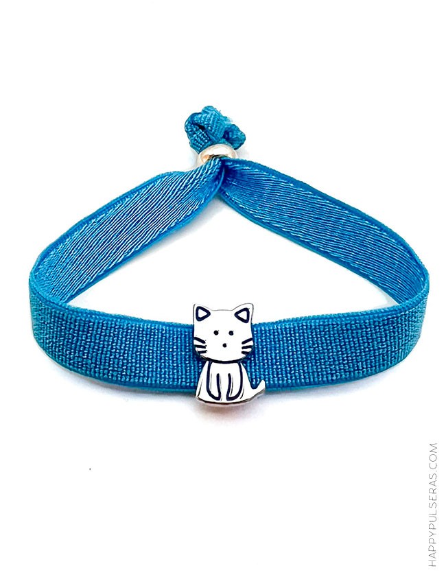 Pulsera elástico plano ancho azul con gatito para niños y adultos - ajustable