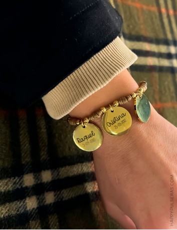 Pulsera cordón algodón a color con 3 medallas doradas para personalizar - Happypulseras