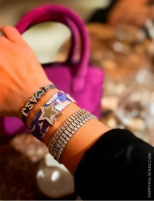Pulsera de tela ancha con estrella de acero plateado y circonitas blancas - Happypulseras