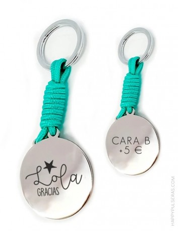 Llavero de acero y cuerda color menta con texto personalizado