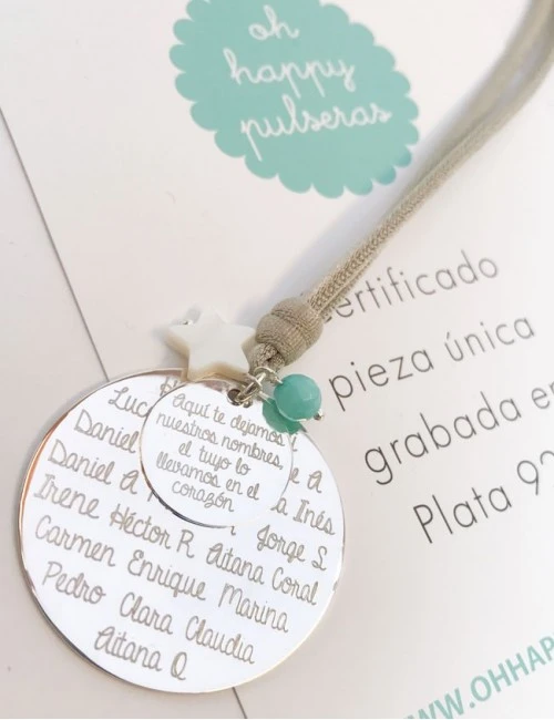collar doble medalla de plata para grabar con cordón elástico seda