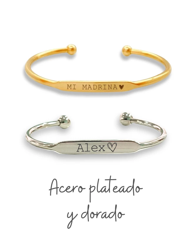 Brazalete de acero en dorado o plateado con grabado personalizado