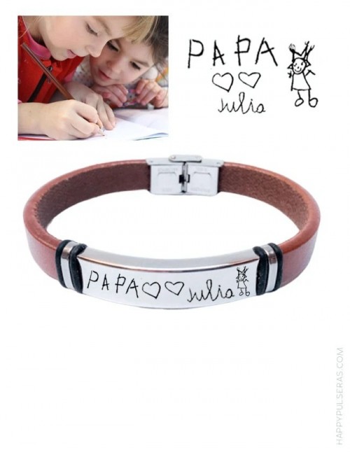 Pulsera cuero liso y acero con grabado escrito o dibujo a mano