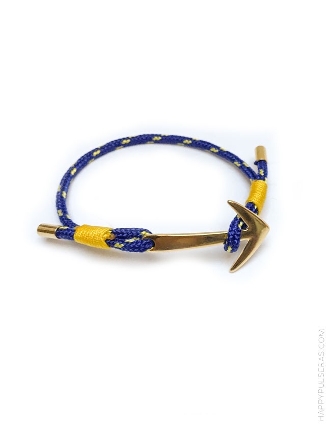 regalo original pulsera para verano con cabo náutico de color azul y amarillo. Pulsera ajustable.